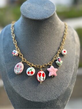 Gold Chain Charm Necklace with Pink & Red Floral Charms